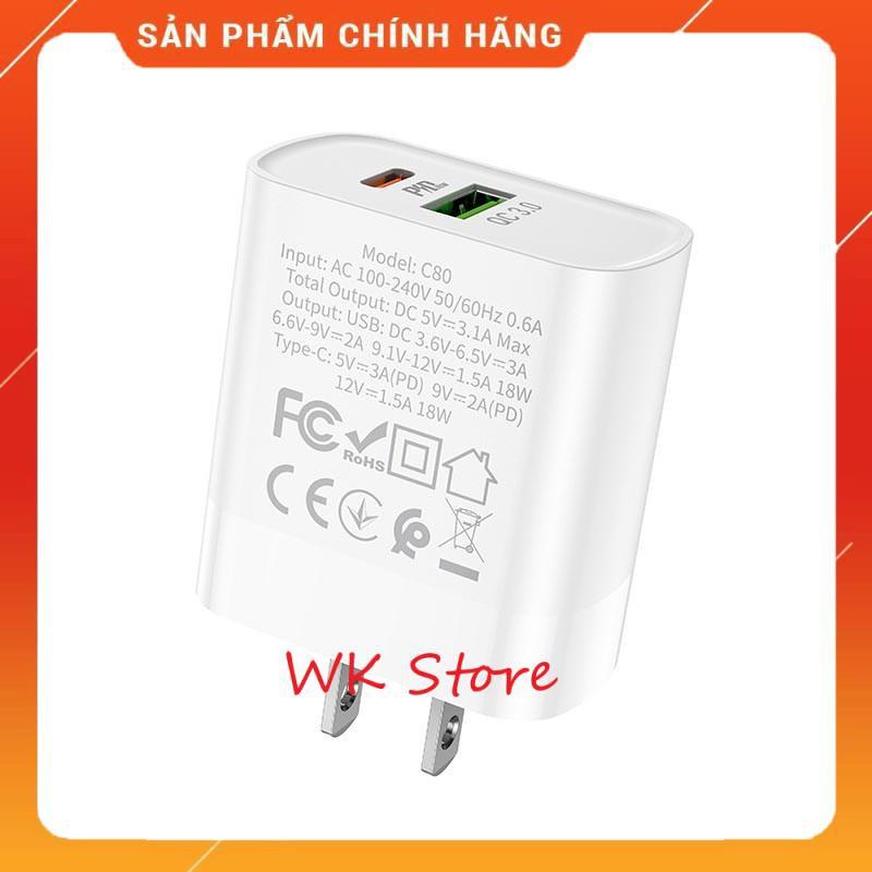 Củ sạc nhanh Hoco C80 18w (QC 3.0, PD) 2 cổng sạc cho iphone và android - Hàng chính hãng