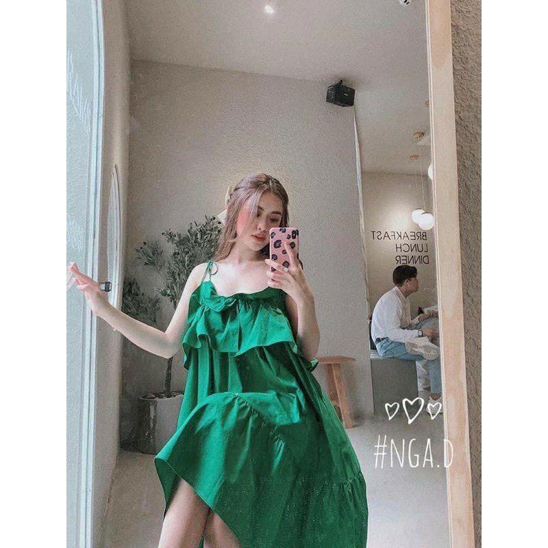 Váy 2 dây hồng babydoll bèo xòe, đầm thiết kế 2 dây đi biển, đầm 2 dây bầu mặc oki