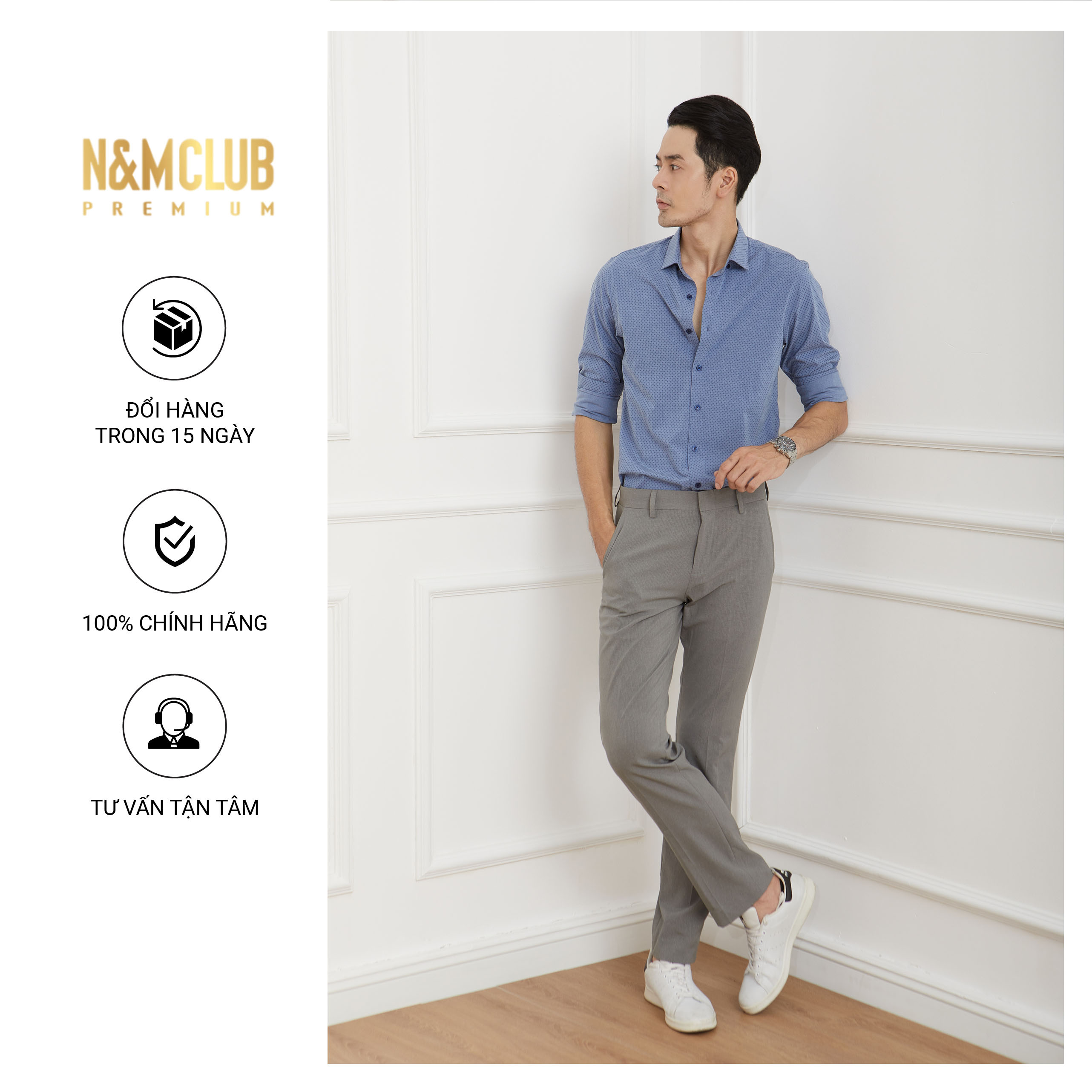 N&amp;M CLUB Áo Sơ Mi Nam Tay Dài họa tiết chấm bi chất liệu vải vải sợi tre Bamboo 2105040