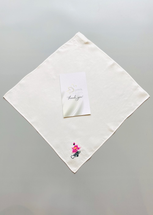 Khăn Tay Lụa Thêu Hoa Sen (Trắng) - SenSilk Lotus Hand-Embroidered Handkerchief