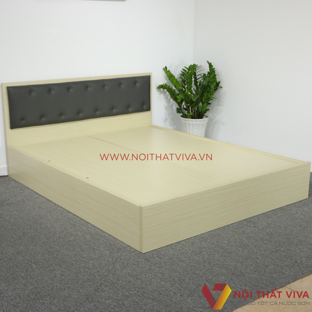 Giường Ngủ Gỗ MDF Phủ Melamine Màu Kem Có Đầu Nệm Hiện Đại Giá Rẻ