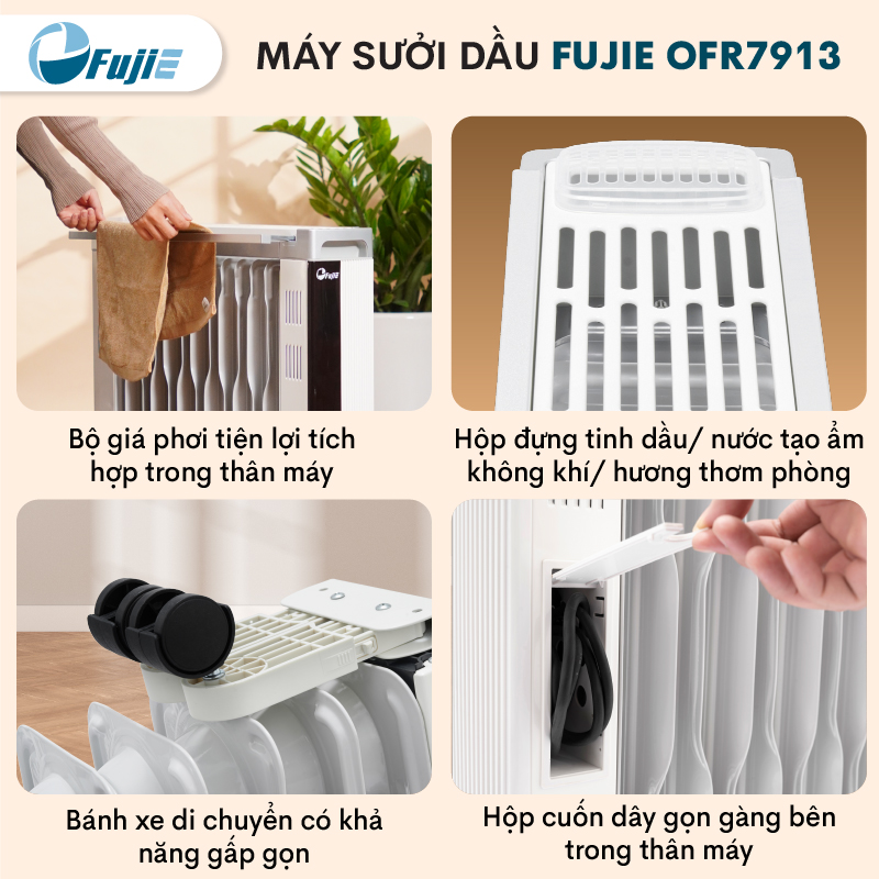 Máy sưởi dầu điều khiển từ xa FujiE OFR7913,13 thanh sưởi phòng 30m2 tự ngắt an toàn, bảng điện tử điều chỉnh nhiệt độ - Hàng chính hãng