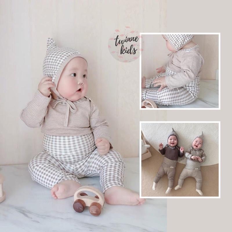 Set đồ thu đông 3 chi tiết áo quần mũ, bodysuit sơ sinh chất liệu cotton bé trai 0-24 tháng