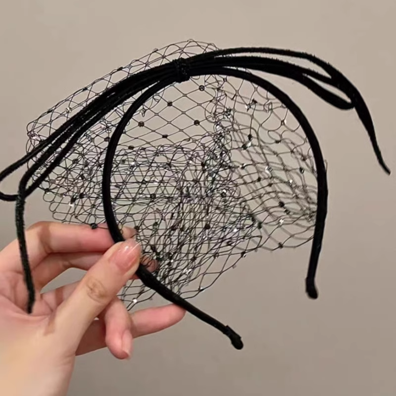 Băng đô tóc lưới đen kết hợp nơ, cài tóc đính đá, phụ kiện đi tiệc sang chảnh, cài tóc nữ phụ kiện chụp ảnh