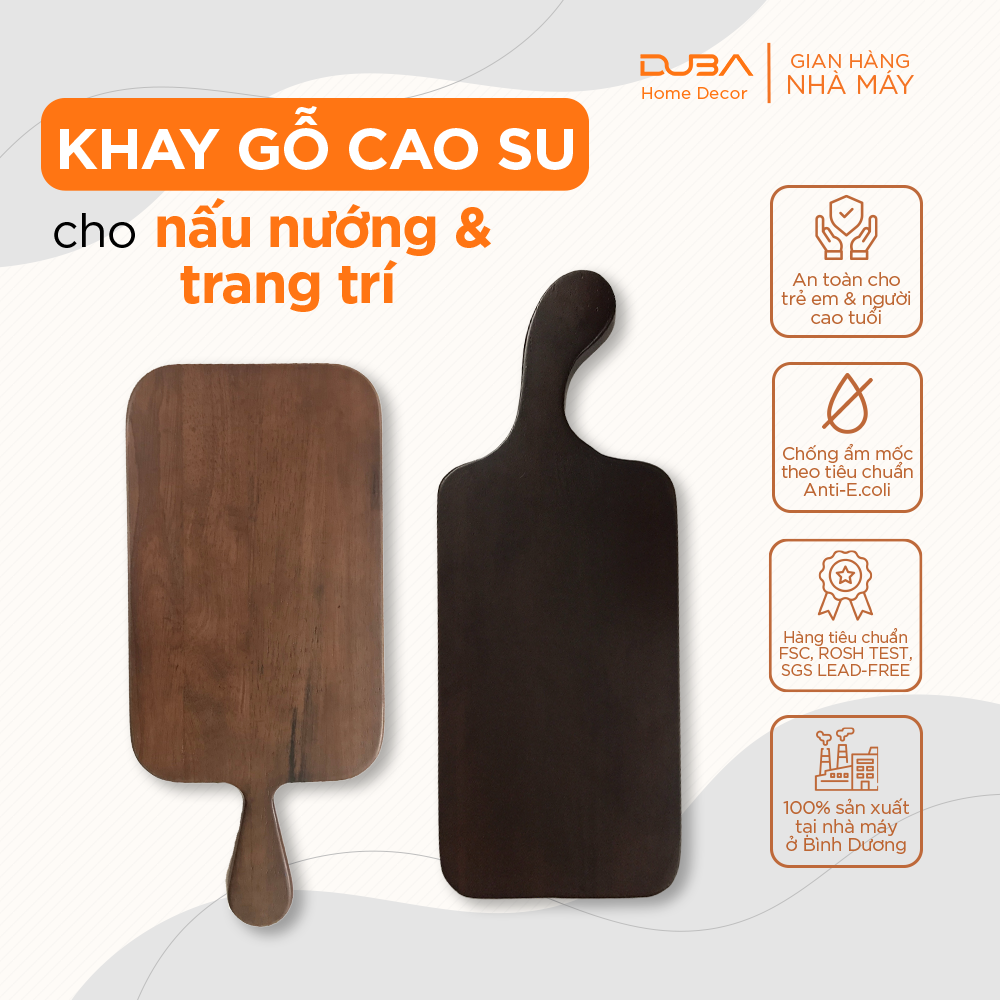 Khay gỗ cao su, thớt gỗ trang trí hình chữ nhật có tay cầm màu óc chó đạt chuẩn xuất khẩu - DUBA