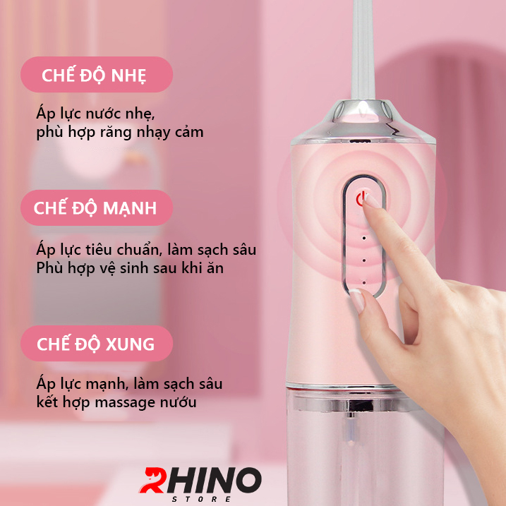 Máy tăm nước rửa răng thông minh Rhino T101 220ml xịt nước chăm sóc răng miệng cầm tay, 3 chế độ có thể sạc - Hàng chính hãng