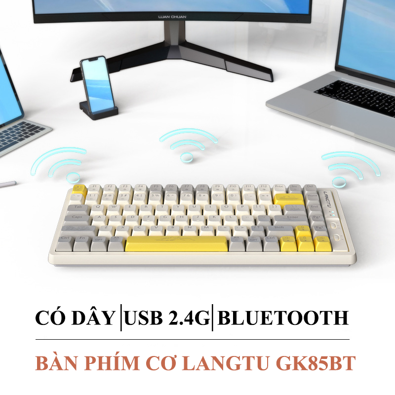 Bàn phím cơ không dây LANGTU GK85BT Golden Switch có hotswap với 3 chế độ kết nối BLUETOOTH/ Chip USB/ Dây Type-C kèm theo 19 chế độ đèn LED - Hàng Chính Hãng
