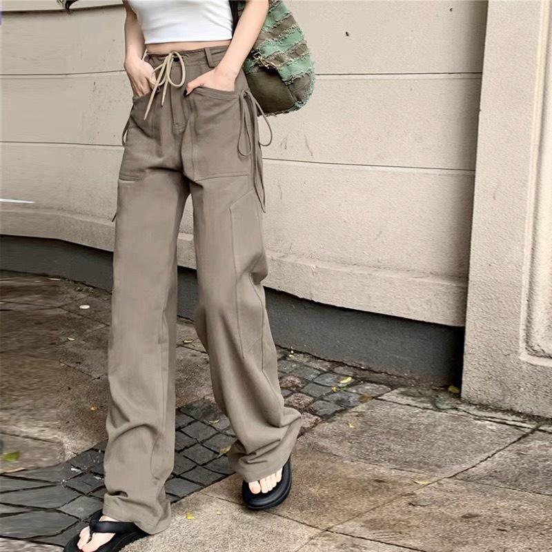 Quần KaKi Lưng Cao Phối Dây, Quần Túi Hộp Cargo Pants Có Túi Dáng Rộng Phong cách Retro cá tính Unisex