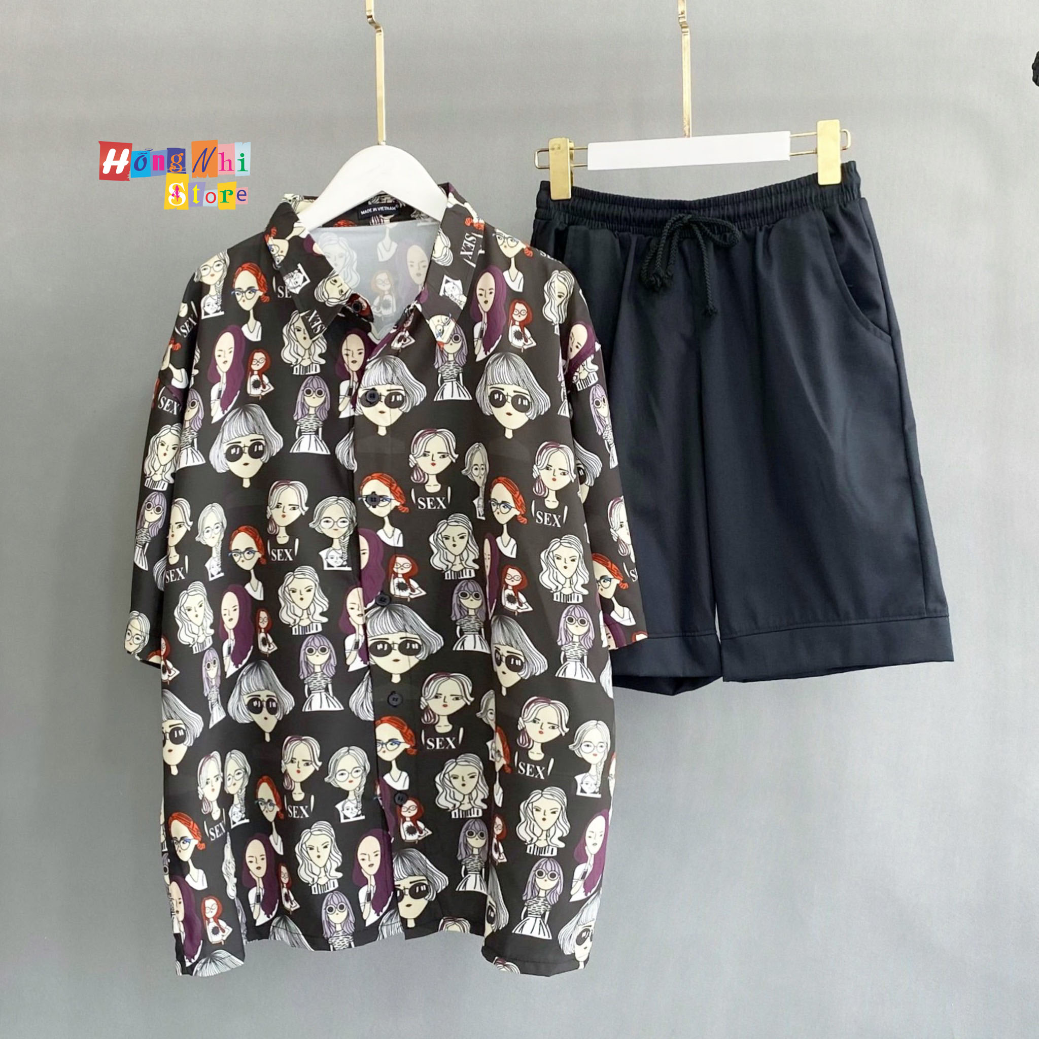 Áo Sơ Mi Hoạ Tiết Tay Lỡ Dáng Rộng, Sơ Mi Tay Lửng Unisex - MM