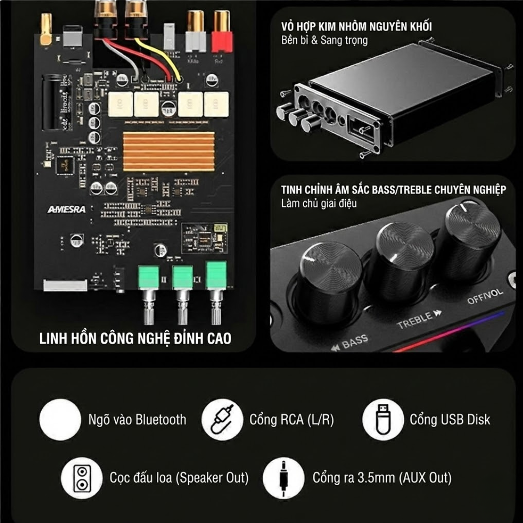 Amply Bluetooth 5.3 Kép Chip TPA3116D2  Công Suất 200W (100W+100W) – Hỗ Trợ USB/RCA/AUX – LED RGB Hát Karaoke G12D - Hàng Nhập Khẩu