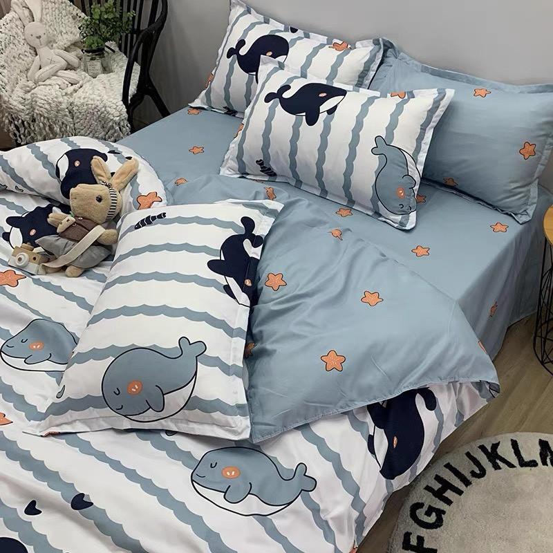 Bộ chăn ga gối Cotton Poly M2T bedding Cá heo, vỏ chăn mền, drap giường và 2 vỏ gối