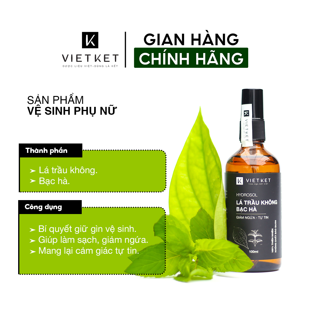 Hydrosol lá trầu không bạc hà VIETKET 100ml - Dung dịch vệ sinh phụ nữ giúp giảm ngứa, tự tin