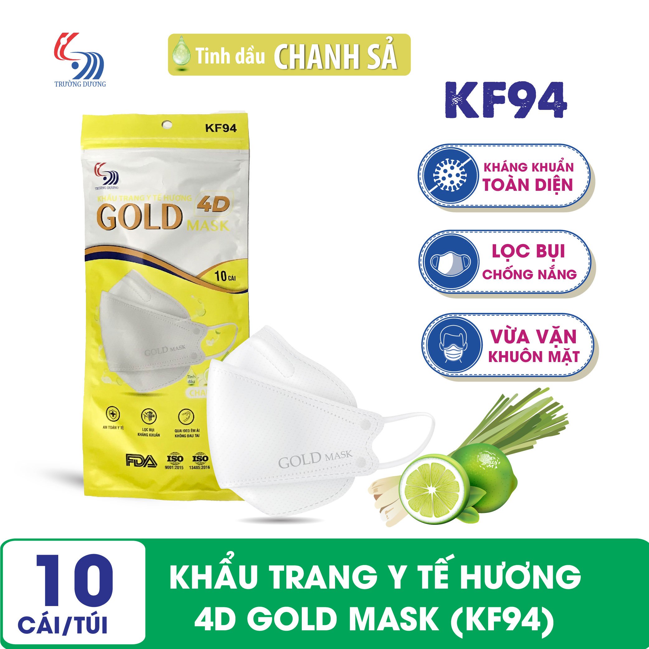 Khẩu trang y tế Hương tinh dầu Chanh Sả 4D Gold Mask (KF94) - Túi 10 chiếc