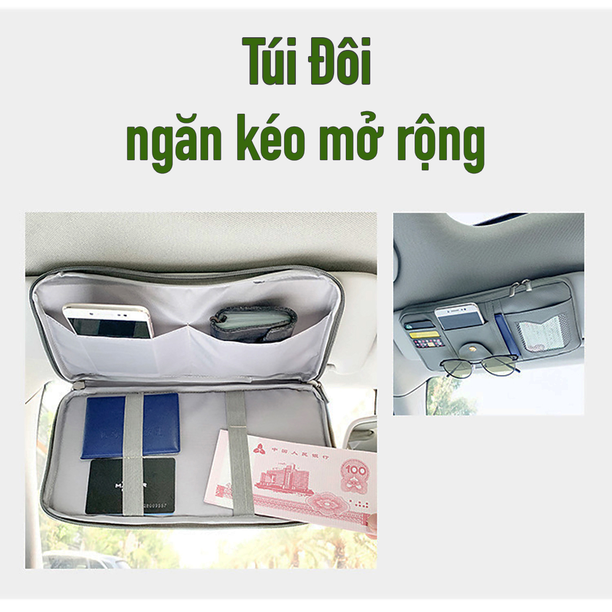 Túi Smilebox đựng thẻ, tiền, mắt kính, giấy tờ xe treo tấm chắn nắng của ô tô, xe hơi nhiều ngăn