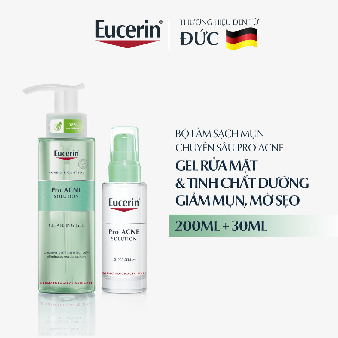 Bộ đôi làm sạch  Eucerin (Gel Rửa Mặt Eucerin Pro Acne Cleansing Gel 200ml + Tinh Chất Dưỡng Giảm Mụn, Mờ Sẹo Eucerin Pro Acne Super Serum 30ml)