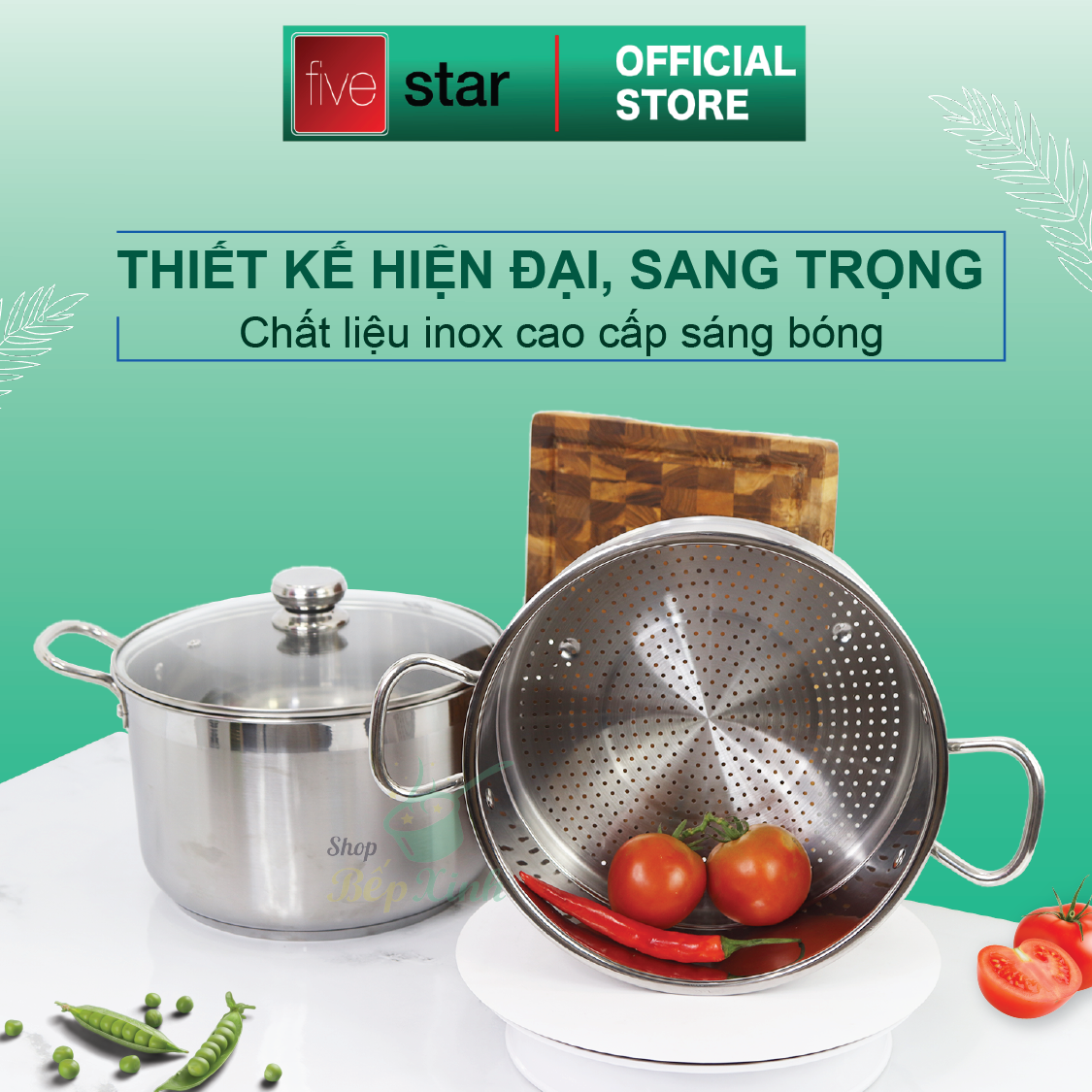 Bộ nồi xửng hấp inox cao cấp Fivestar 3 đáy từ nắp kính tặng 2 muỗng canh