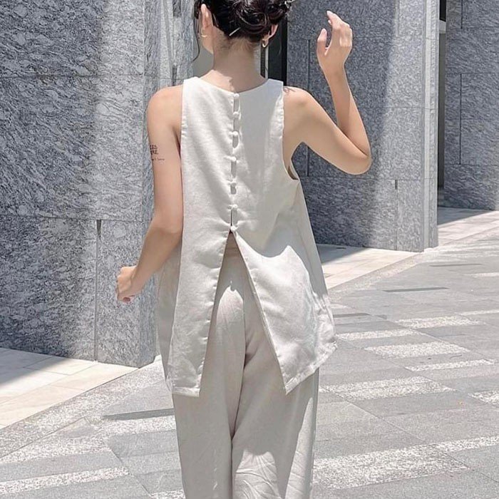 Áo kiểu yếm xẻ lưng Linen Hàn Premium cúc bọc trẻ trung xin xò, có 4 màu lựa chọn