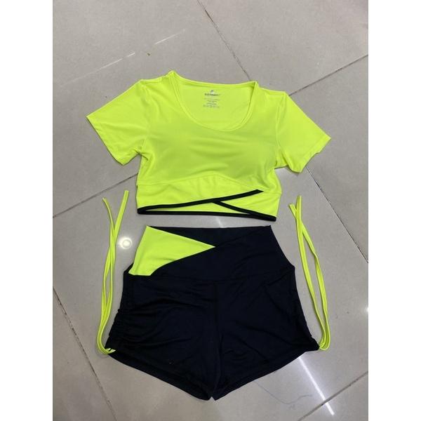 Set bộ đồ tập áo croptop vạt chéo quần đùi rút dây cạp V phối màu tạp gym,yoga,nhảy Zumba, aerobic,đi bơi đi biển nữ