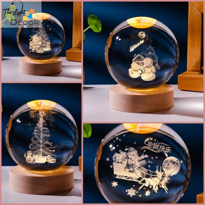 Bộ Quà Tặng Giáng Sinh 2023 Quả Cầu Pha Lê 3D Đèn Led Noel 6cm (Kèm đế đèn + hộp quà)