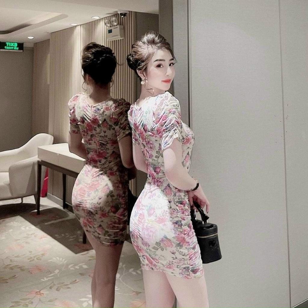 Đầm body nhún xếp ly hoạ tiết hoa sang chảnh
