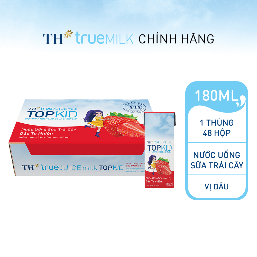 Thùng 48 hộp sữa trái cây TOPKID hương dâu tự nhiên TH True Juice Milk 180ml (180ml x 48)