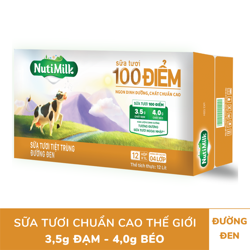 NutiMilk Sữa tươi 100 điểm - Sữa tươi tiệt trùng đường đen Hộp 1 Lít STDD1LTI NUTIFOOD