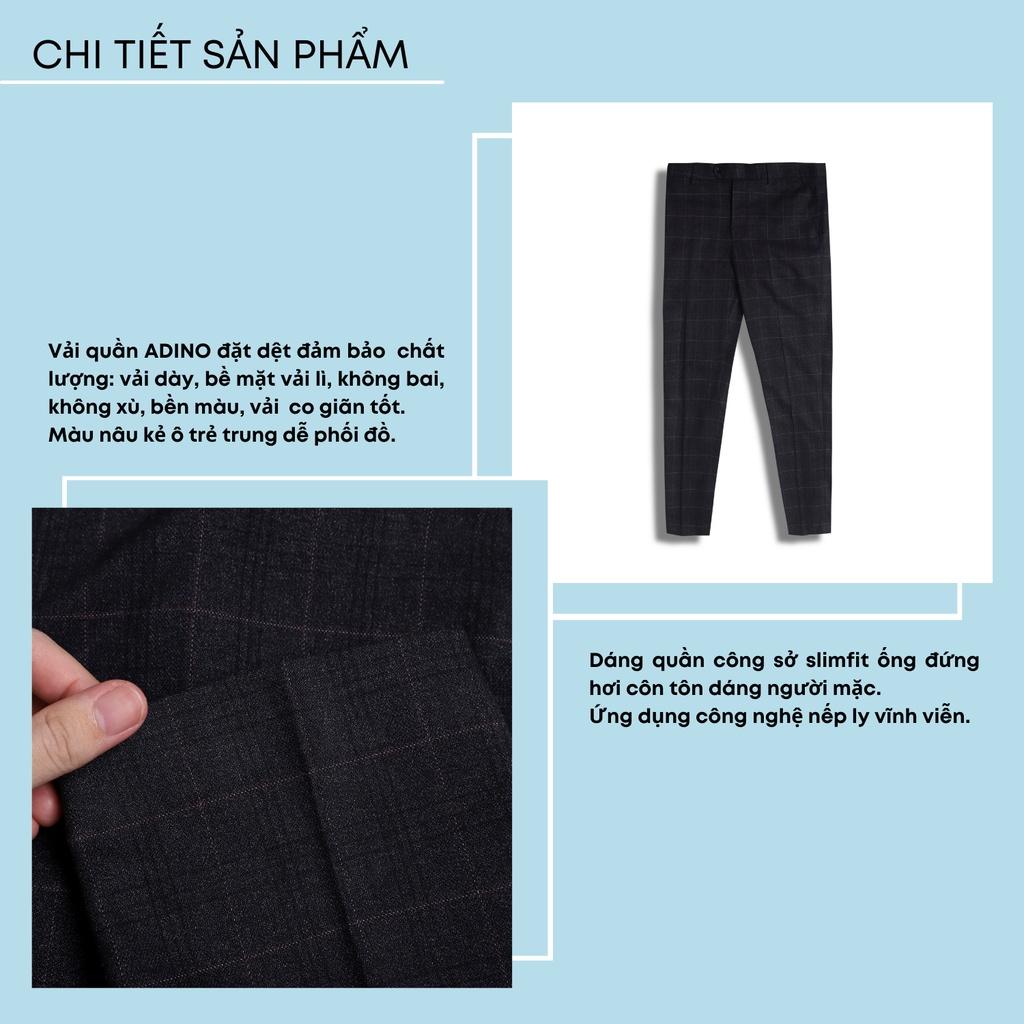 Quần tây nam hàn quốc màu nâu kẻ ô ADINO vải cotton dày không bai không xù dáng slimfit công sở ống đứng hơi côn QA95