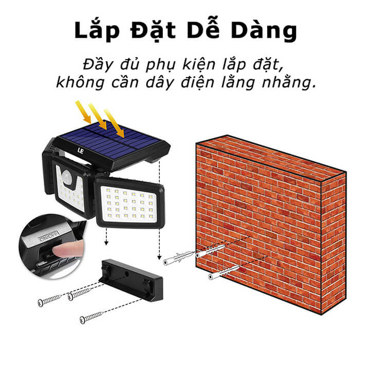 Đèn năng lượng mặt trời 3 cánh cảm biến chuyển động, cảm biến ánh sáng, chống nước IP65, pin 2400mAh