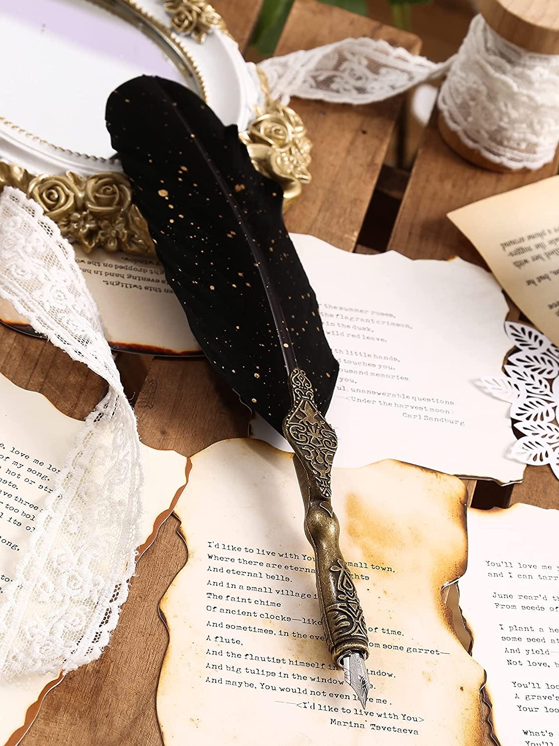 Bộ bút lông vũ chạm khắc cổ điển, Bút lông vũ lấp lánh Thư pháp Dip Pen with Ink