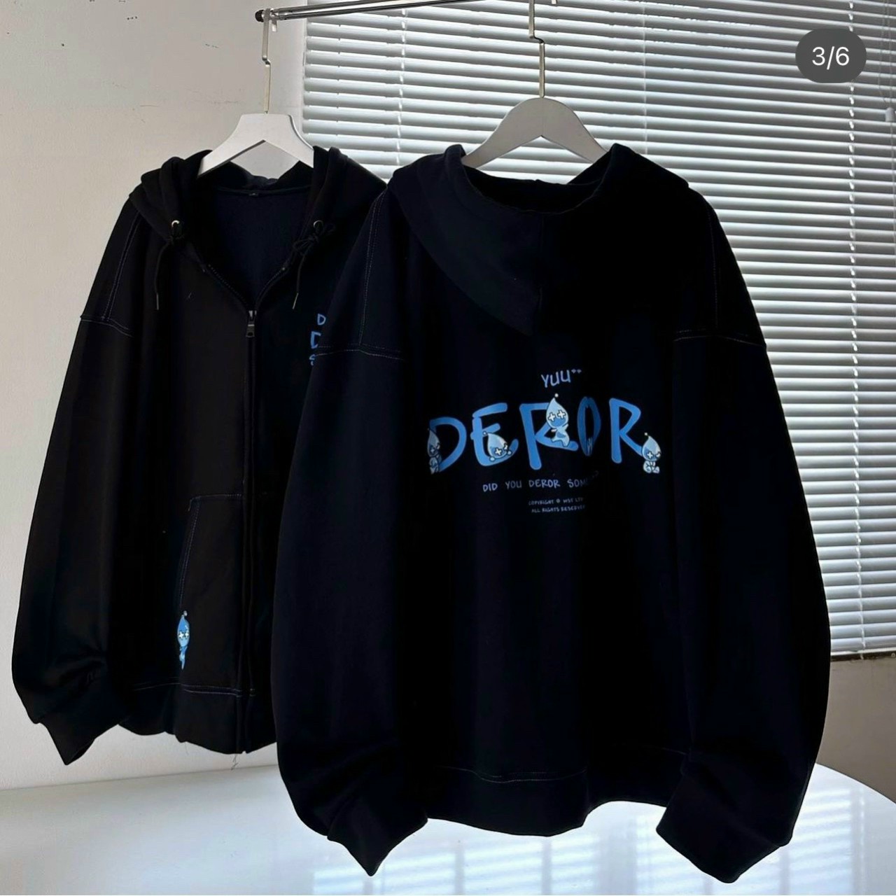 Áo khoác hoodie có nón màu đen form zip DEROR Viền Chỉ unisex nam nữ (Ảnh thật shop tự chụp), Áo Khoác Dây Kéo Nỉ Lót Bông In Chữ DEROR Viền Xanh from rộng ulzzang chống nắng