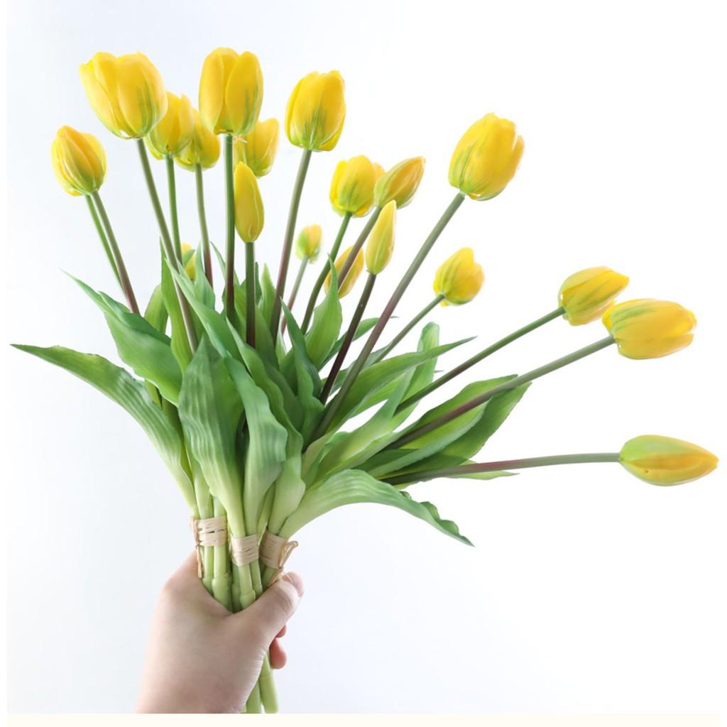 Hoa giả, bó 5 bông tulip silicon loại cao cấp đẹp tự nhiên y thật trang trí phòng khách sang trọng TL-05