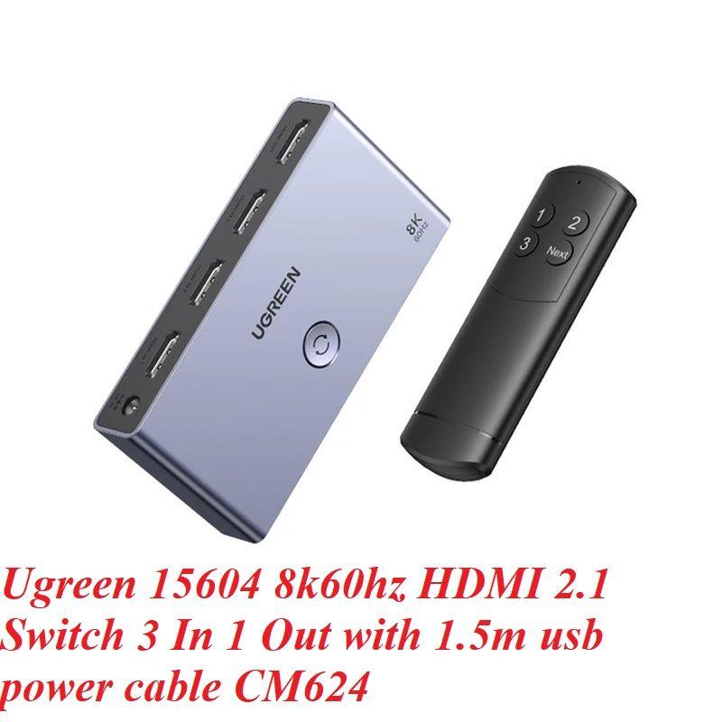 Ugreen UG15604CM624TK 8K60Hz v2.1 hdmi 3 vào 1 ra có kèm remote hỗ trợ độ phân giải cao 4K120Hz có cáp nguồn USB-A to C dài 1.5M Bộ gộp HDMI - HÀNG CHÍNH HÃNG