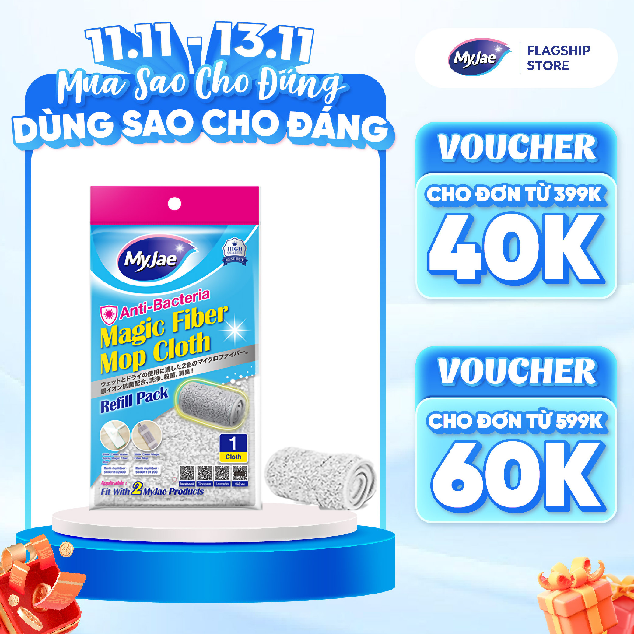 Bông Lau Thay Thế MyJae Đài Loan Sợi Fiber Cho Cây Lau Nhà Tự Vắt Kháng Khuẩn Và Cây Lau Nhà Phun Sương 33.5 x 10.5 cm