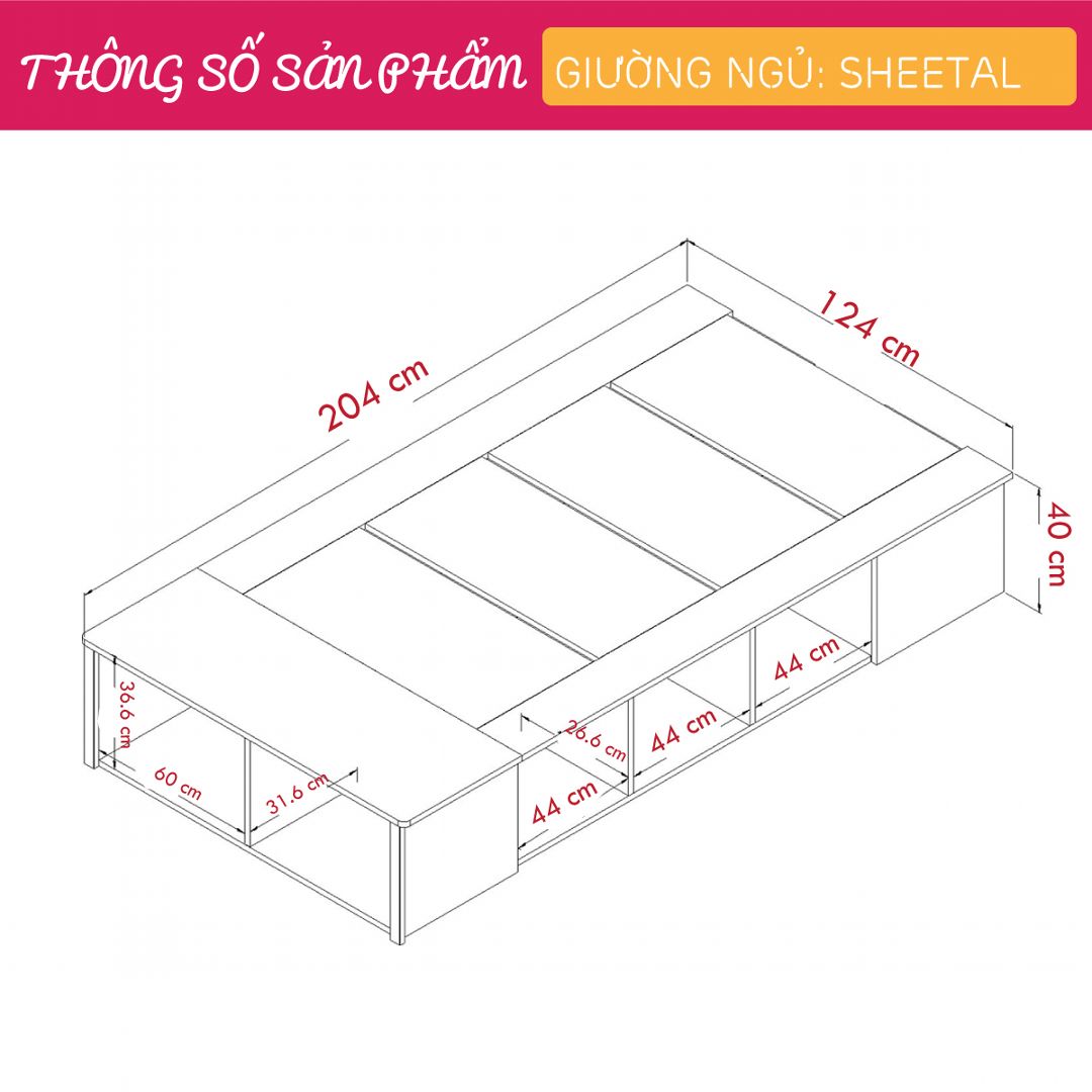 Giường ngủ gỗ hiện đại SMLIFE Sheetal | Gỗ MDF dày 17mm chống ẩm | D204xR124xC40cm