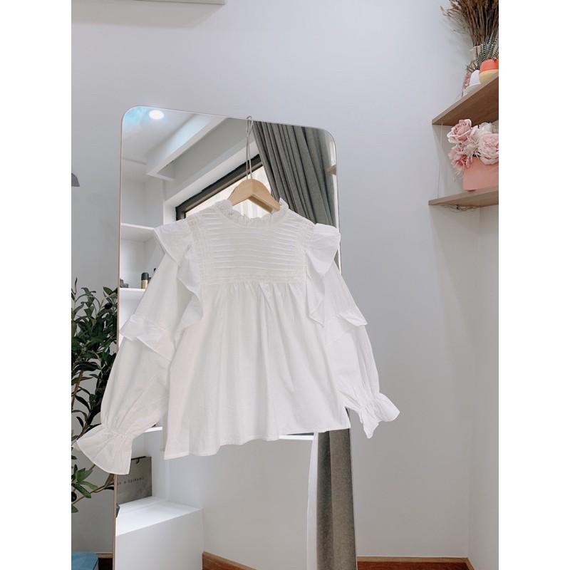 Áo babydoll tiểu thư ulzzang - Áo sơ mi kiểu bèo vai cánh tiên tay phối bèo xinh xắn