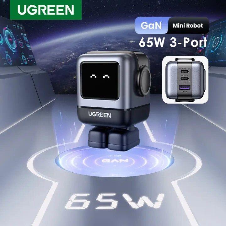 Ugreen UG15579CD361TK 65W 2c1a RG robotGaN with LCD bộ sạc Nexode robot chuẩn PD GaN chuẩn cắm điện CN 3 chân cắm xéo dẹp RoboGaN màu xám đen 2 cổng usb type c và 1A - HÀNG CHÍNH HÃNG