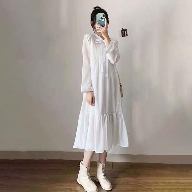 Đầm Babydoll Nơ Ngực Váy Nữ Babydoll Tay Bồng Dáng Suông