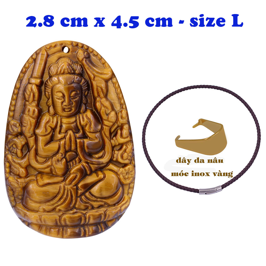 Mặt Phật Thiên thủ thiên nhãn đá mắt hổ 4.5 cm kèm vòng cổ dây da nâu - mặt dây chuyền size lớn - size L, Mặt Phật bản mệnh, Quan âm bồ tát