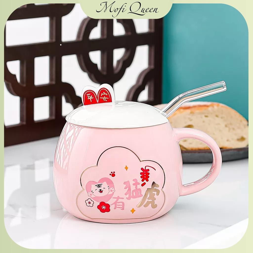 Cốc sứ có nắp, Sứ́, Quà lưu niệm, cute có nắp đậy, họa tiết bunny siêu đáng yêu 420ml