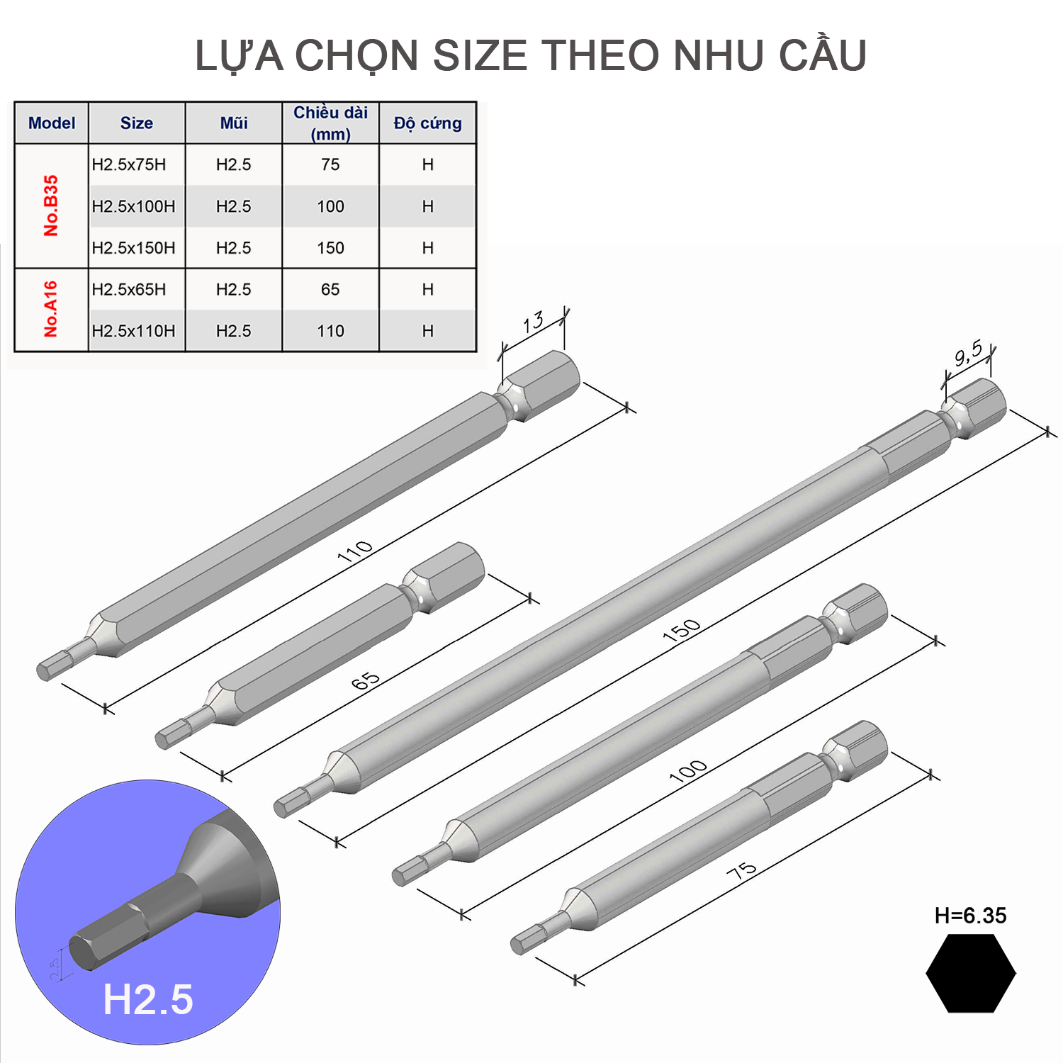 Mũi vặn vít đầu lục giác H2.5 chuôi lục giác H = 6,35 Vessel (Nhật Bản)