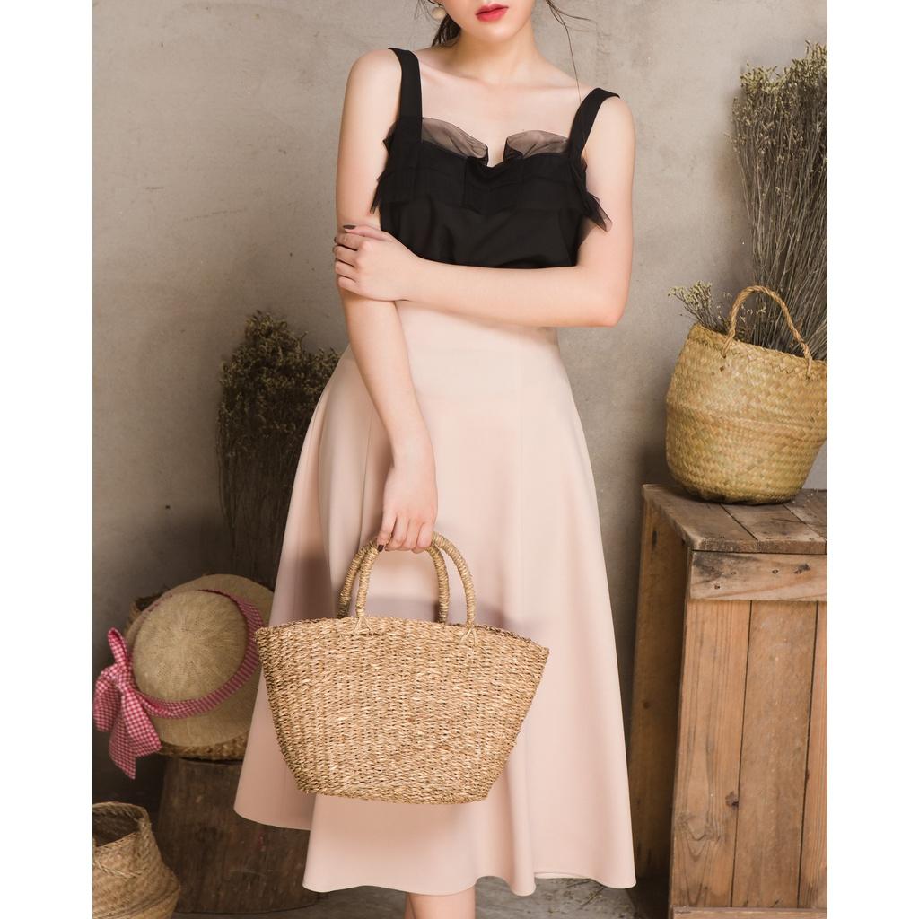 KIOBI - Chân váy Laluna form midi rã 6 mảnh, ôm trên xòe dưới, lưng cao, 3 size S M L, vải cotton bố be - KIV170801B