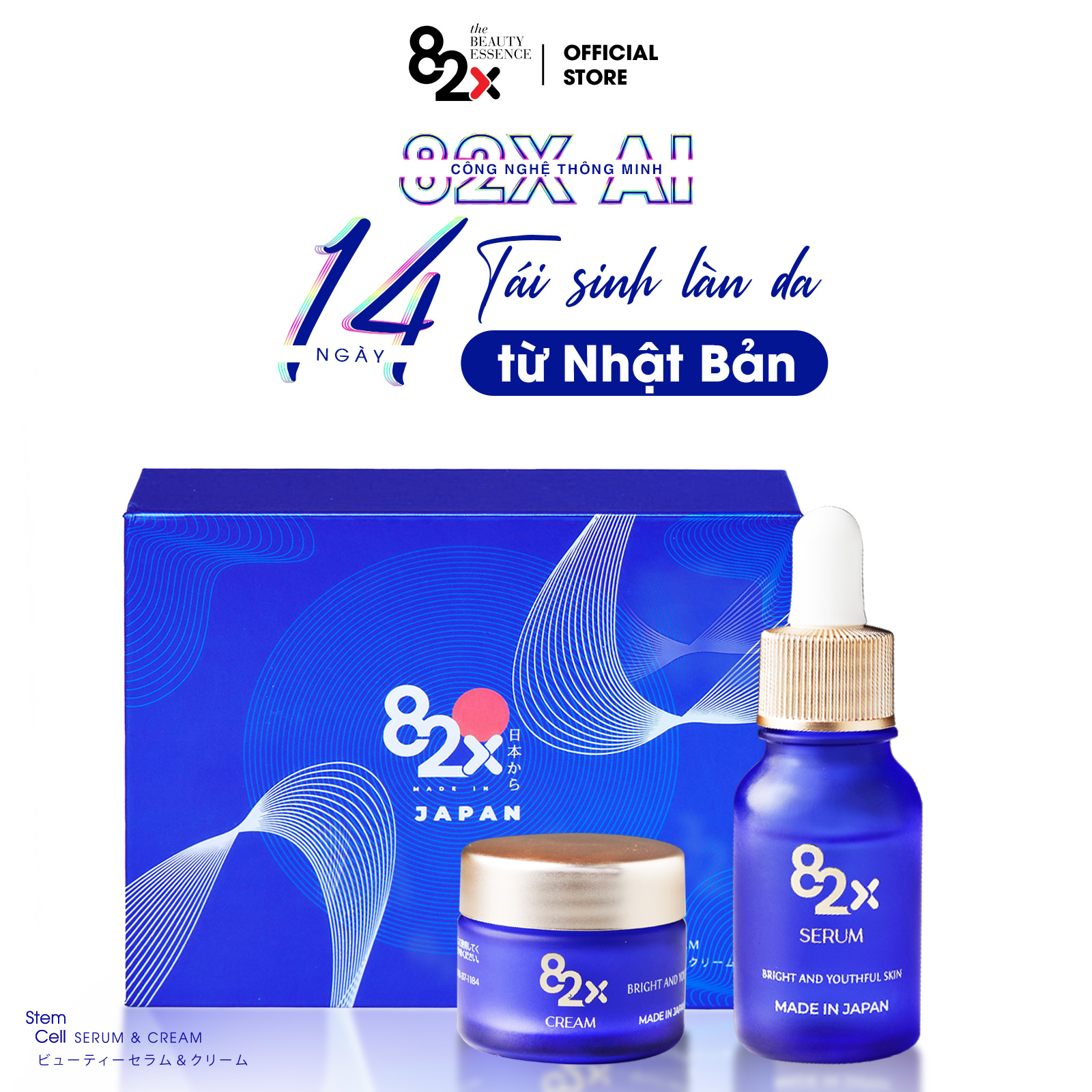 82X- Bộ đôi AI STEM CELL SERUM & CREAM dưỡng trắng , chống lão hóa hoàn hảo đến từ Nhật Bản với 10ml/chai và 10mg/hộp.