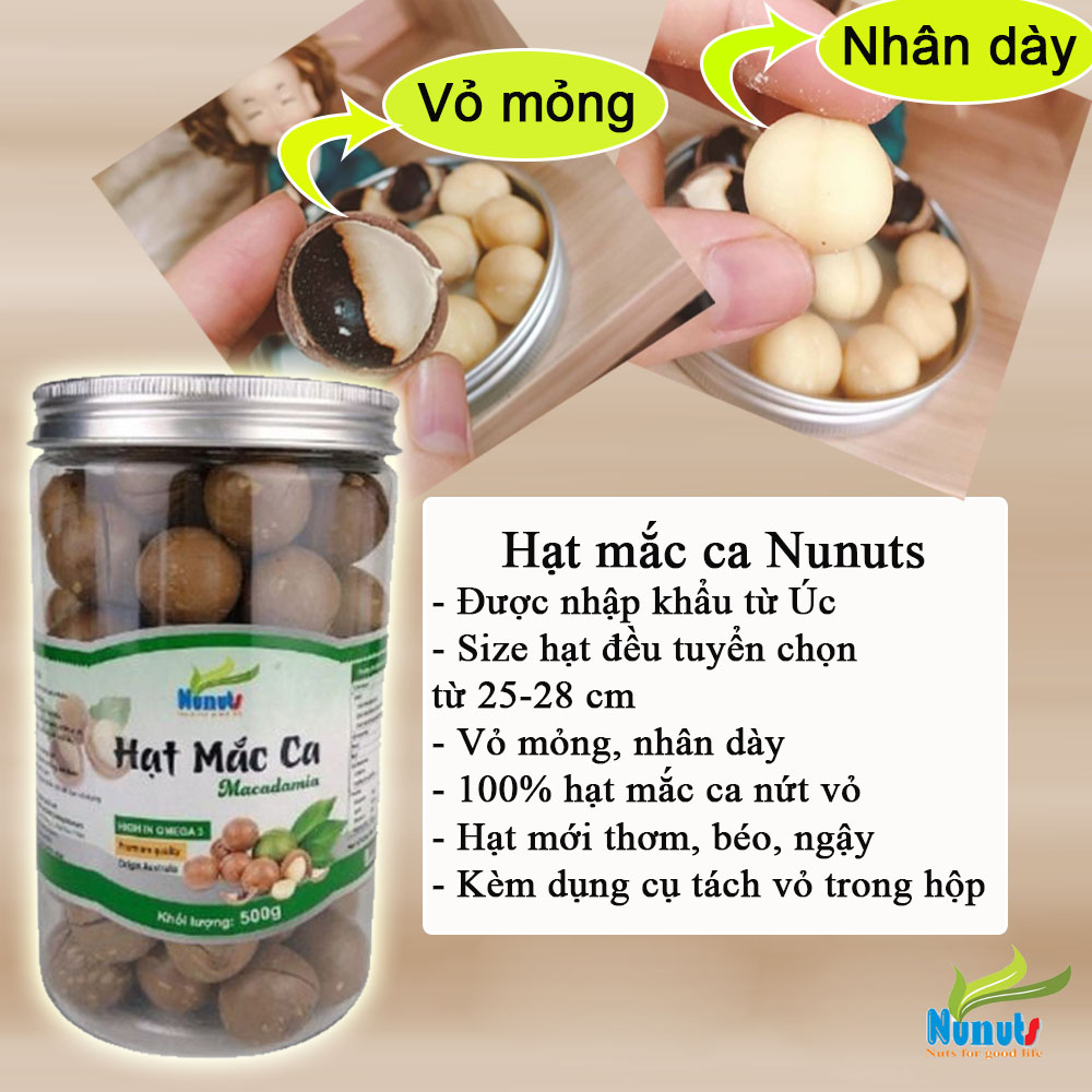 Hạt Macca Úc nứt vỏ Nunuts hộp 500g - Kèm dụng cụ tách vỏ