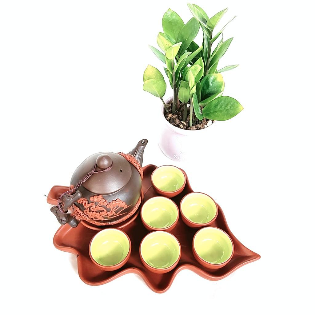 Bộ ấm trà tử sa - Màu nâu đắp hoa nổi màu đỏ khay hình lá cỡ to - Dung tích 650 ml