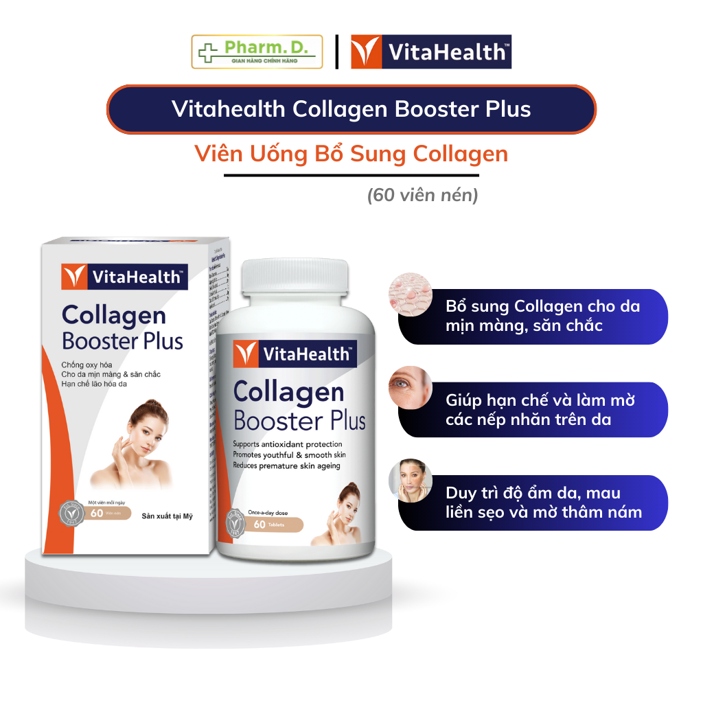 Viên Uống Bổ Sung Collagen Giúp Đẹp Da, Chống Lão Hóa VITAHEALTH Collagen Booster Plus (60 Viên)