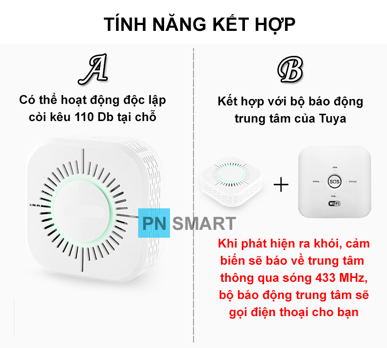 Cảm biến báo khói không dây RF433 kết hợp với bộ báo động chống trộm Tuya