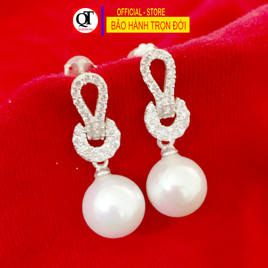 Bông tai nữ ngọc trai size 10 ly dáng dài chốt đeo sát tai gắn đá trắng cao cấp trang sức Bạc Quang Thản - QTBT149