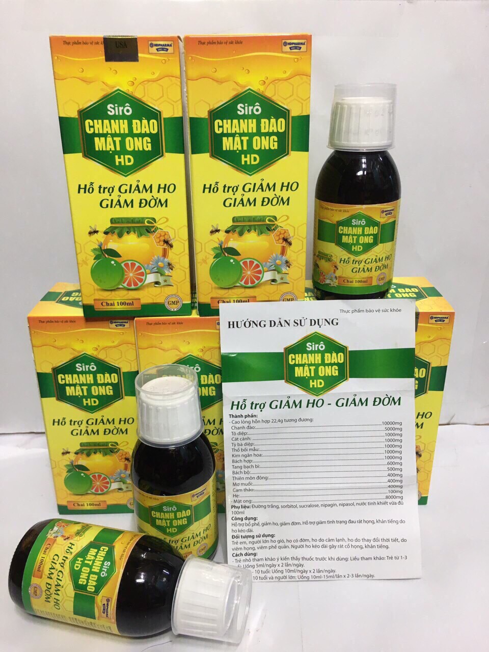 Combo 2 Chai Siro Chanh Đào Mật Ong HD giảm ho, giảm đờm, đau rát cổ họng - Chai 100ml