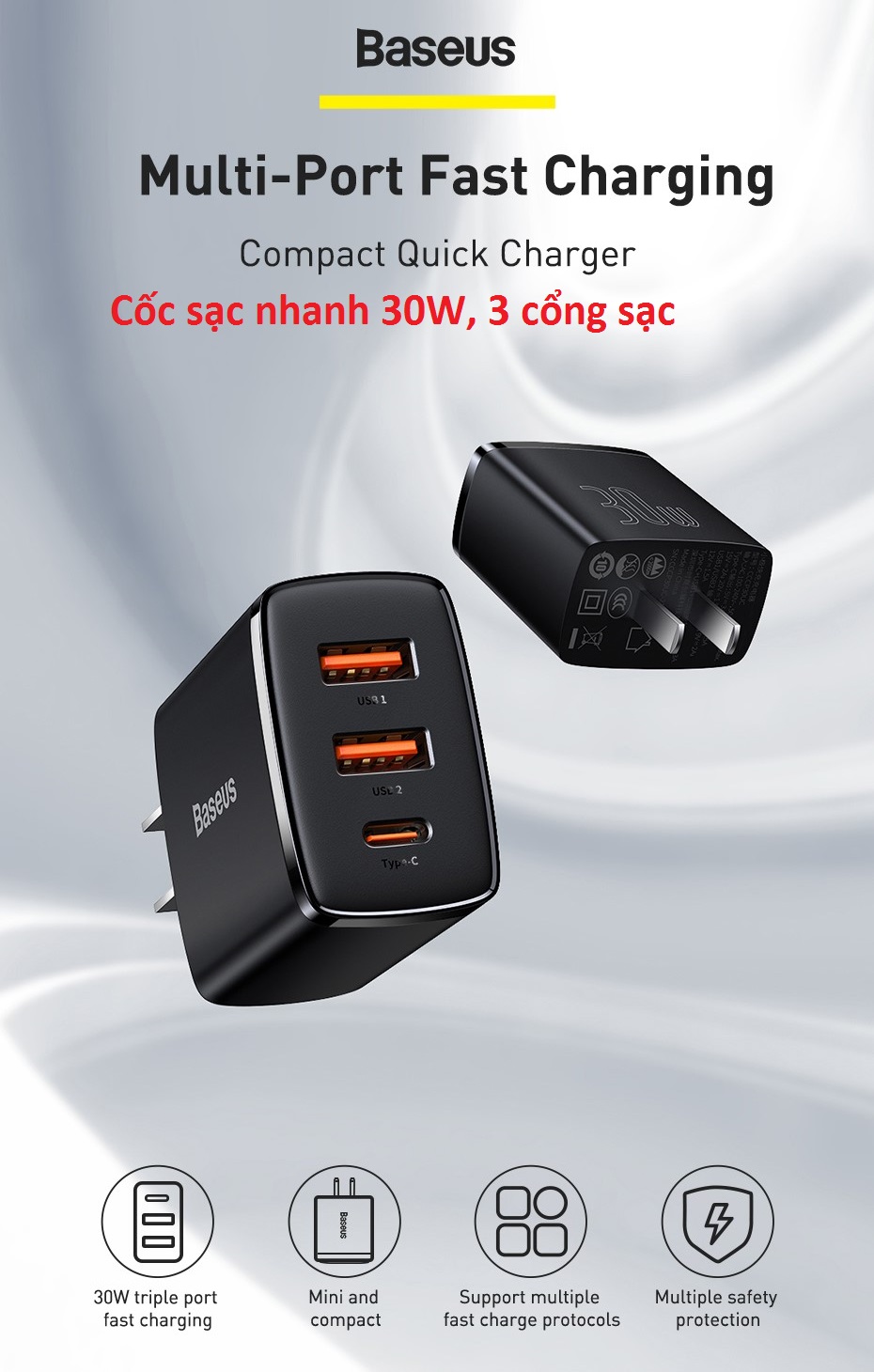 Cốc sạc 30W 3 cổng sạc(2U +1C) 2 chân cắm dẹp Baseus Compact CCCP30US - Hàng chính hãng