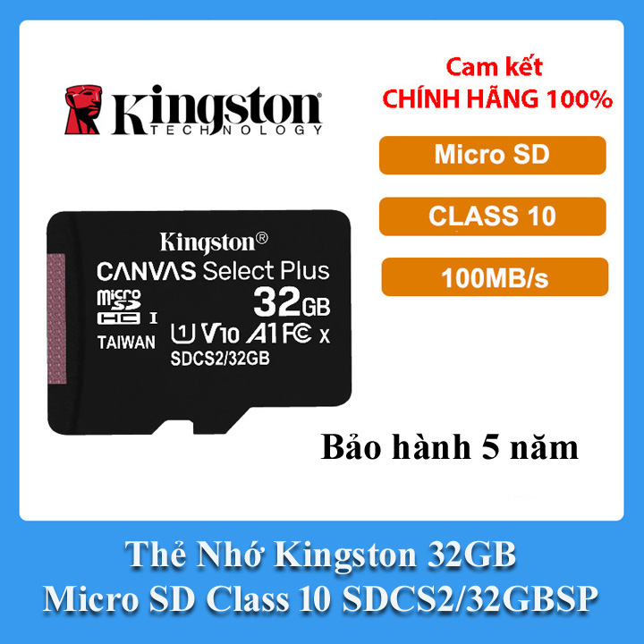 Thẻ Nhớ Kingston 32GB Micro SD Class 10 SDCS2/32GBSP hàng chính hãng